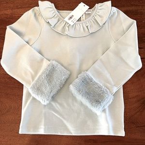 Janie and Jack - ruffle collar top with fur trimmed sleeve cuffs- Light Seafoam